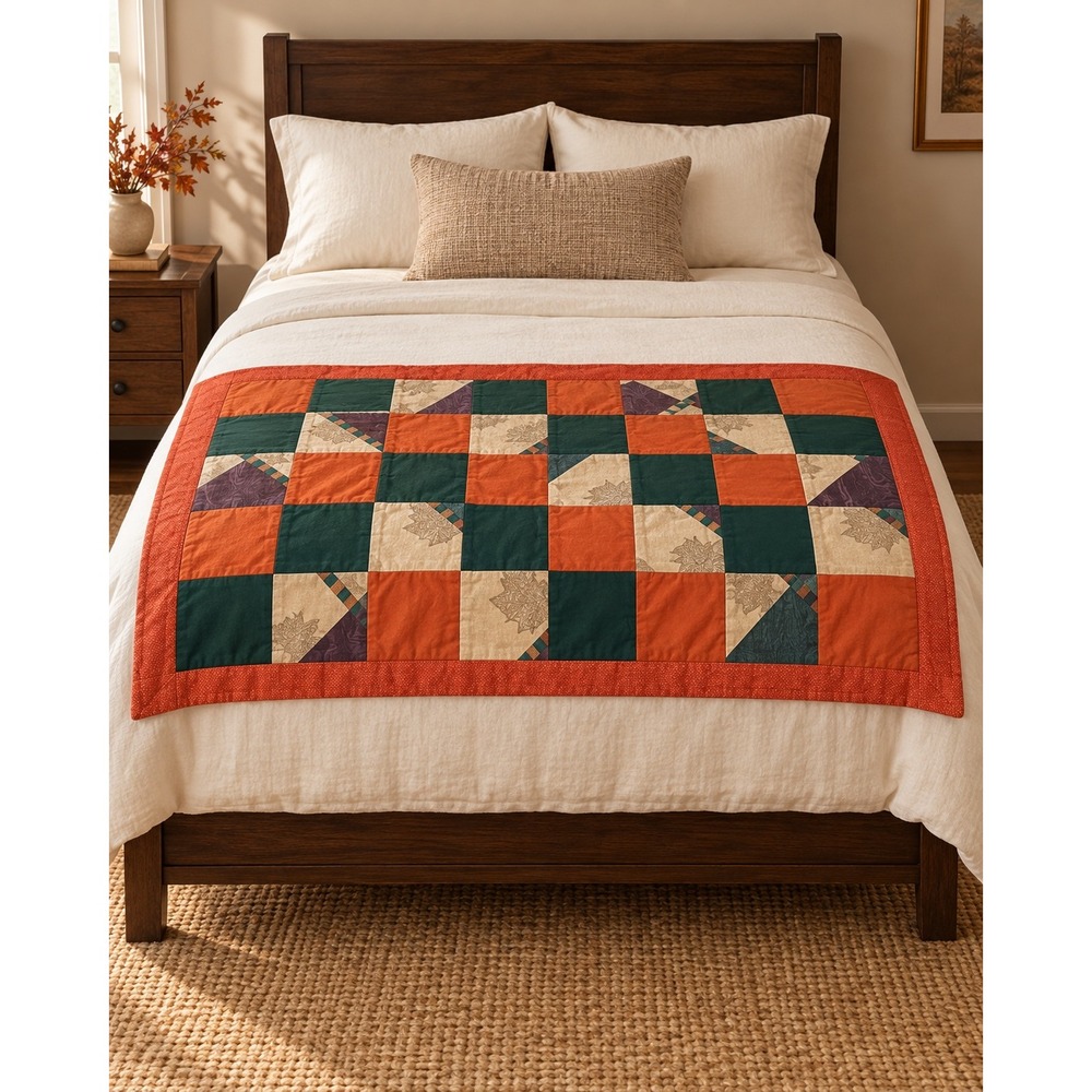 Handmade Patchwork Quilted Bed Scarf Lap Blanket Rust Green 32x60